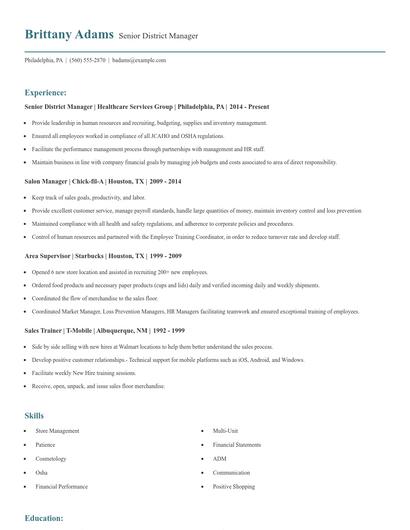 Senior District Manager Resume