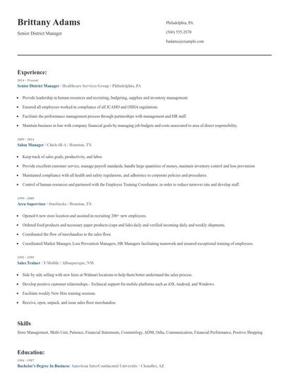 Senior District Manager Resume