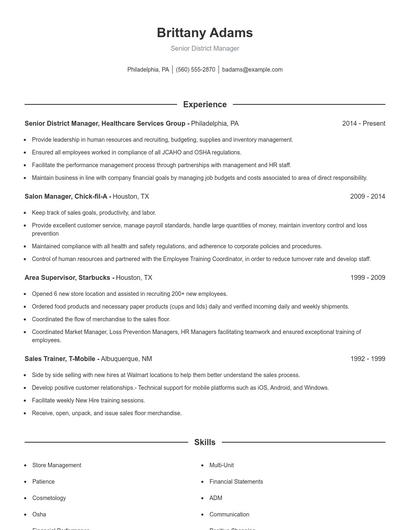 Senior District Manager Resume