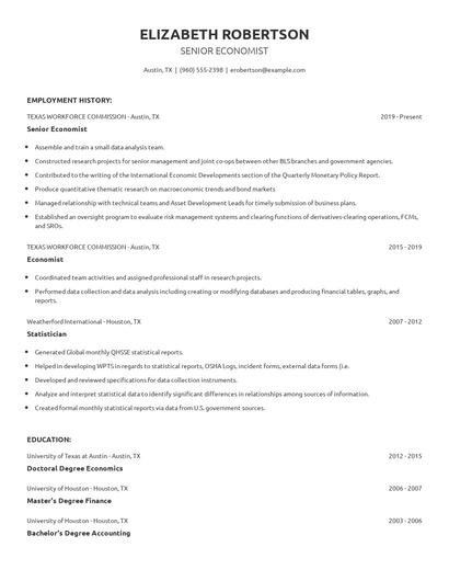 Senior Economist Resume