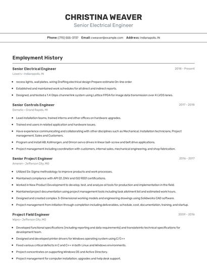 Senior Electrical Engineer Resume