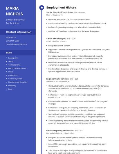 Senior Electrical Technician Resume