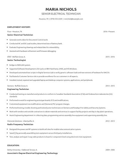 Senior Electrical Technician Resume