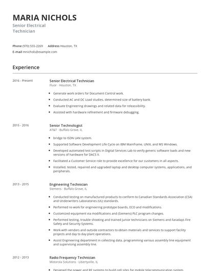 Senior Electrical Technician Resume