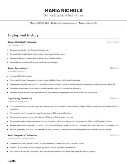 Senior Electrical Technician Resume