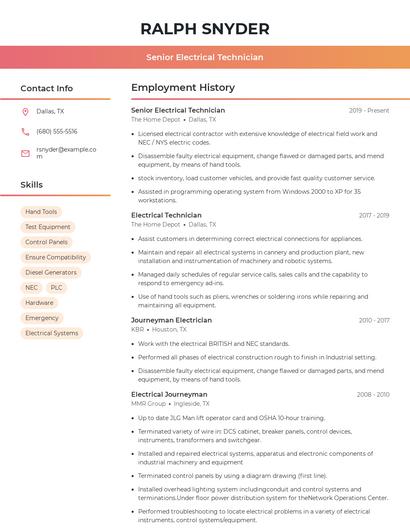 Senior Electrical Technician Resume