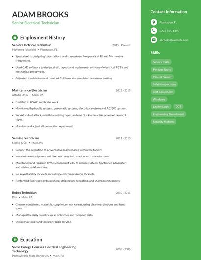 Senior Electrical Technician Resume