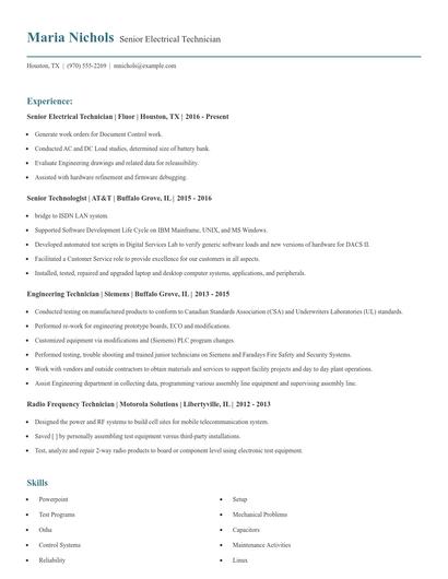 Senior Electrical Technician Resume