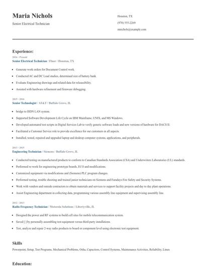 Senior Electrical Technician Resume