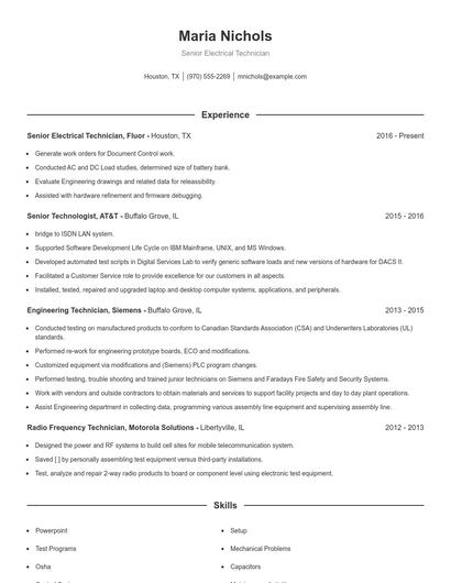 Senior Electrical Technician Resume