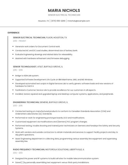Senior Electrical Technician Resume