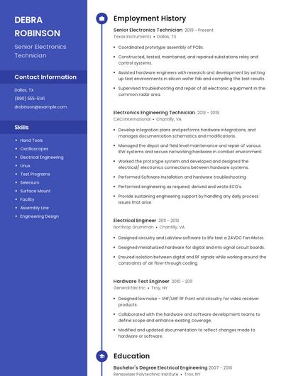 Senior Electronics Technician Resume