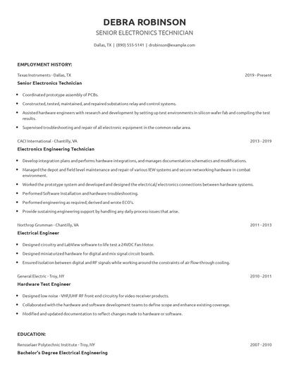 Senior Electronics Technician Resume