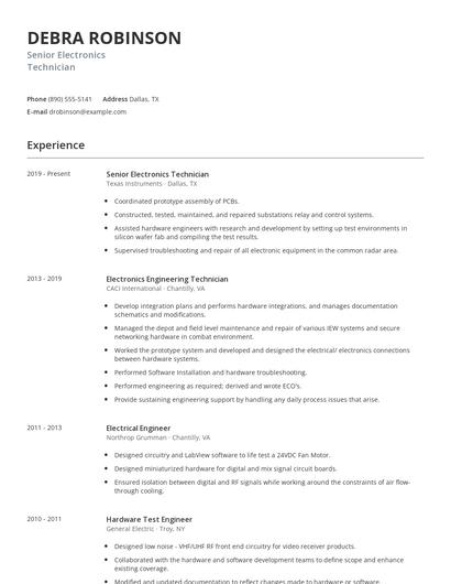 Senior Electronics Technician Resume