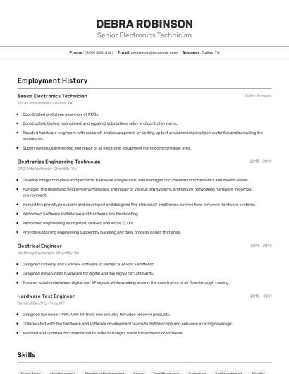 Senior Electronics Technician Resume