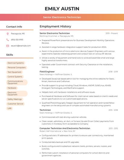 Senior Electronics Technician Resume