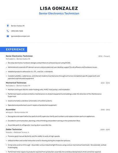 Senior Electronics Technician Resume