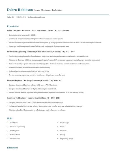 Senior Electronics Technician Resume