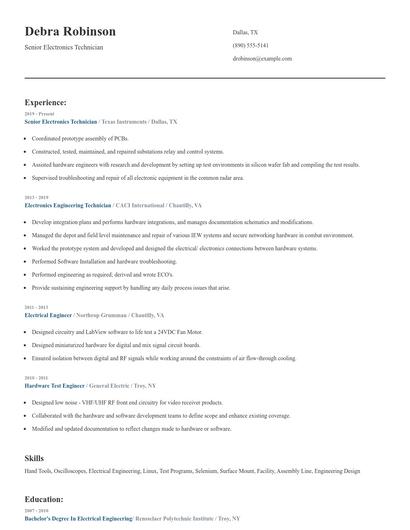Senior Electronics Technician Resume