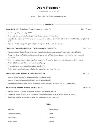Senior Electronics Technician Resume