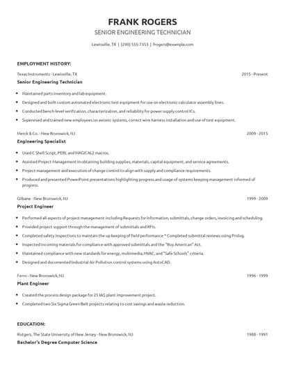 Senior Engineering Technician Resume