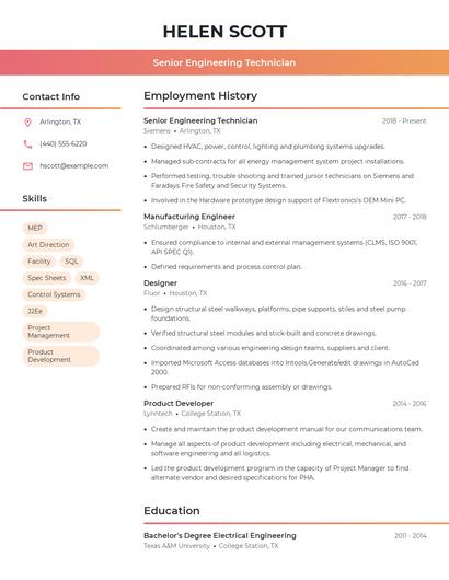 Senior Engineering Technician Resume