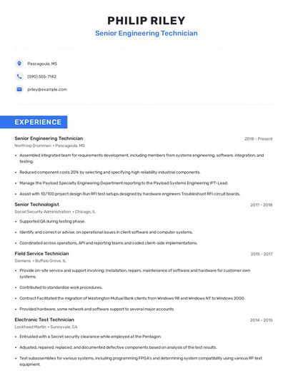 Senior Engineering Technician Resume