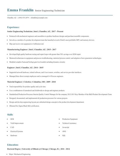Senior Engineering Technician Resume