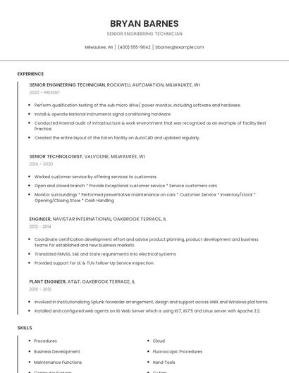 Senior Engineering Technician Resume