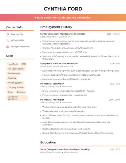 Senior Equipment Maintenance Technician Resume