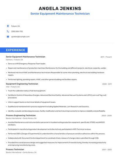 Senior Equipment Maintenance Technician Resume