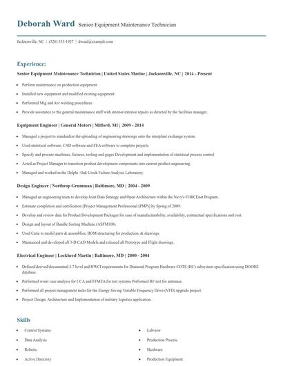 Senior Equipment Maintenance Technician Resume