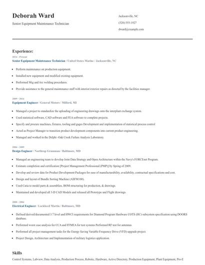 Senior Equipment Maintenance Technician Resume