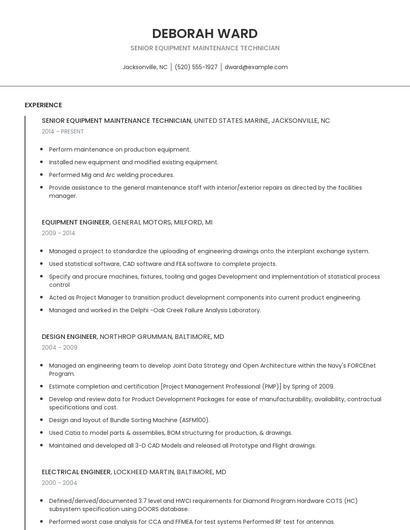 Senior Equipment Maintenance Technician Resume