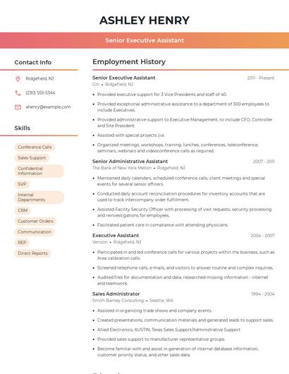 Senior Executive Assistant Resume