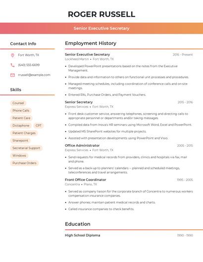 Senior Executive Secretary Resume