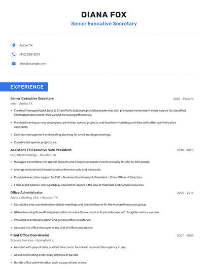 Senior Executive Secretary Resume