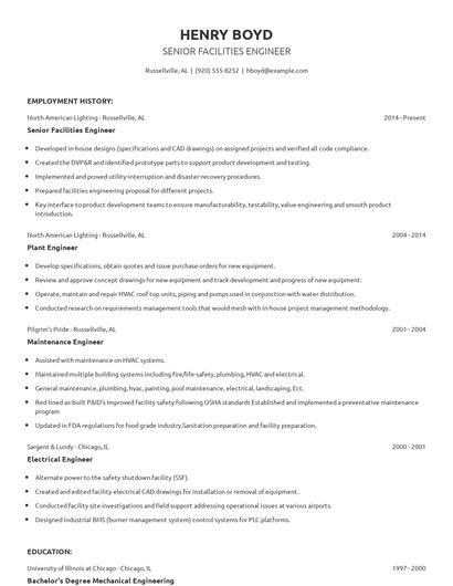 Senior Facilities Engineer Resume