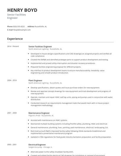 Senior Facilities Engineer Resume