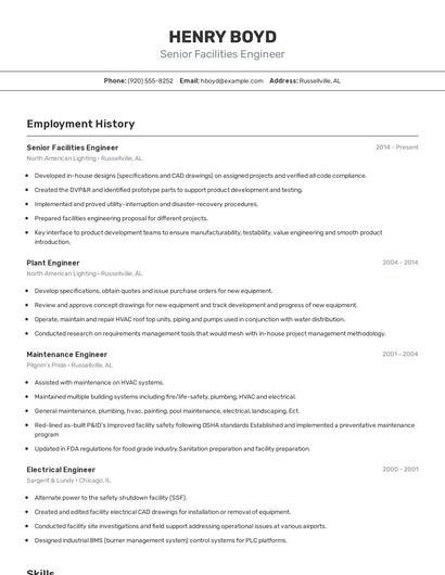 Senior Facilities Engineer Resume