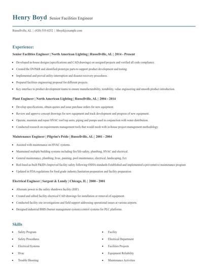 Senior Facilities Engineer Resume