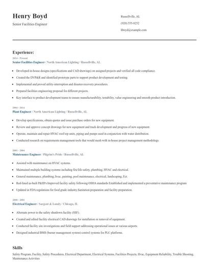 Senior Facilities Engineer Resume