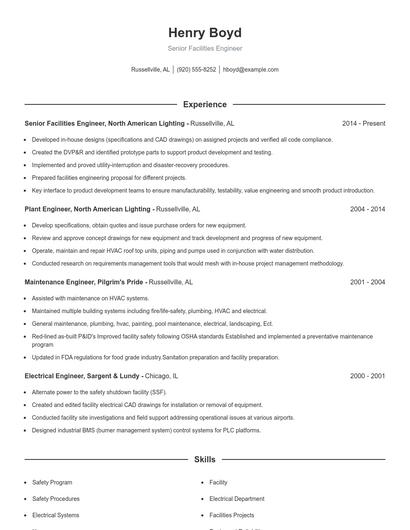 Senior Facilities Engineer Resume