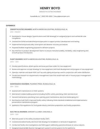 Senior Facilities Engineer Resume