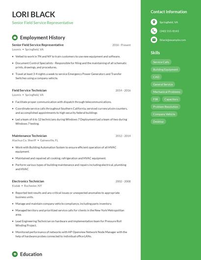 Senior Field Service Representative Resume