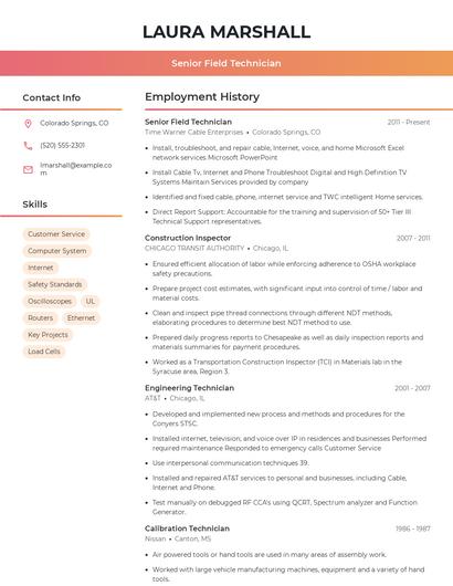 Senior Field Technician Resume