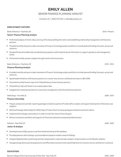 Senior Finance Planning Analyst Resume