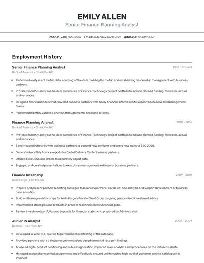 Senior Finance Planning Analyst Resume