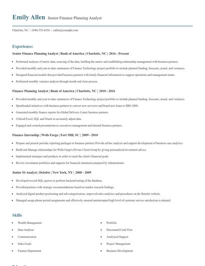Senior Finance Planning Analyst Resume