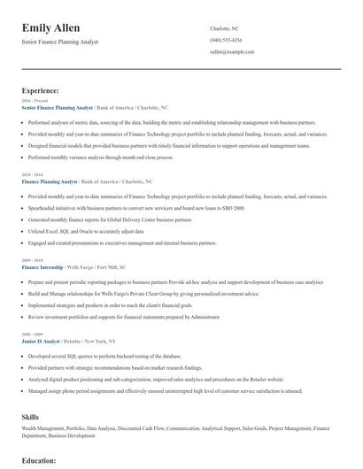 Senior Finance Planning Analyst Resume